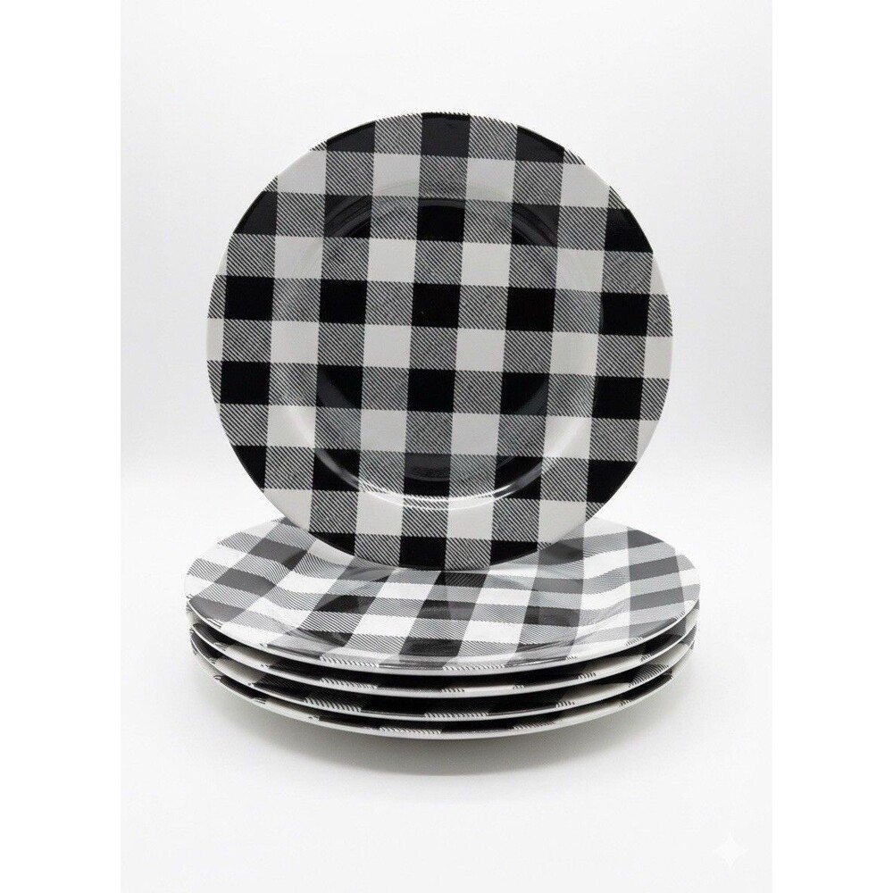 4 Robert Stanley Buffalo Plaid 8” Dinner Plates Black White Farmhouse 2020